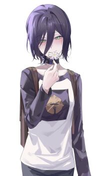 1girl absurdres backpack bag black_choker black_pants black_shirt black_sleeves blush breasts brown_bag chainsaw_man choker green_eyes grenade_pin hair_between_eyes highres light_smile medium_breasts medium_hair pants print_shirt purple_hair reze_(chainsaw_man) shirt solo tokkieee_qian updo white_background white_shirt