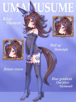 1girl animal_ears bare_shoulders black_choker blue_flower blue_gloves blue_one-piece_swimsuit blue_rose blue_thighhighs blush bow breasts brown_hair choker closed_mouth commentary commentary_request elbow_gloves english_text flipped_hair flower gloves gradient_gloves gradient_one-piece_swimsuit gradient_thighhighs hair_bow hair_flower hair_ornament hair_over_one_eye head_wreath highres hokuyukis horse_ears horse_girl horse_tail long_hair looking_at_viewer mixed-language_commentary multiple_expressions one-piece_swimsuit open_mouth purple_eyes rice_shower_(umamusume) rose shoes small_breasts smile swimsuit tail thighhighs umamusume