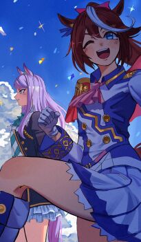 2girls absurdres animal_ears aqua_bow aqua_bowtie aqua_ribbon ascot black_jacket black_skirt blixadon blue_eyes blue_sky blush bow bowtie breasts brown_hair buttons cape cloud coat confetti double-breasted ear_bow ear_ribbon epaulettes frilled_coat frilled_jacket frills gloves green_bow green_bowtie hair_between_eyes high_ponytail highres horse_ears horse_girl horse_tail jacket long_hair long_sleeves mejiro_mcqueen_(frontline_elegance)_(umamusume) mejiro_mcqueen_(umamusume) multicolored_hair multicolored_jacket multiple_girls one_eye_closed open_mouth pink_ascot pleated_skirt ponytail purple_eyes purple_hair red_cape ribbon shirt single_epaulette skirt sky smile sparkle streaked_hair tail tokai_teio_(peak_joy)_(umamusume) tokai_teio_(umamusume) two-tone_hair two-tone_jacket two-tone_skirt umamusume white_gloves white_hair white_jacket white_skirt