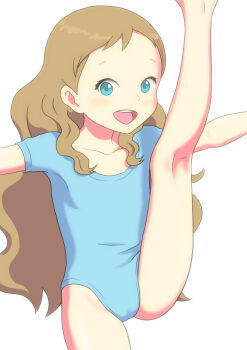 Rule 34 | 1girl, athletic leotard, aurore (takatou sora), blonde hair, blue eyes, blue leotard, blush, borrowed character, cameltoe, collarbone, commentary, crotch, eyelashes, flat chest, flexible, forehead, gymnastics, hair over shoulder, highres, kneepits, legs, leotard, long hair, looking at viewer, ogyadya, open mouth, original, outstretched arms, simple background, smile, solo, split, spread arms, standing, standing on one leg, standing split, teeth, thighs, white background