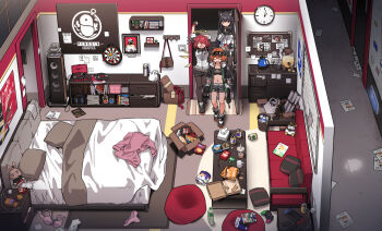 3girls absurdly_detailed_composition absurdres animal_ears arknights bag bean_bag_chair bed black_footwear black_gloves black_jacket black_pantyhose black_shirt black_shorts black_skirt bottle box bra breasts brown_bag bulletin_board camcorder camera can cardboard_box character_doll chest_of_drawers chips_(food) clock couch cow_girl cow_horns croissant_(arknights) cushion dartboard detached_wings doll door doorway drinking_straw eating electrical_outlet emperor_(arknights) energy_wings exusiai_(arknights) female_focus fingerless_gloves food full_body fur-trimmed_jacket fur_trim gloves hair_over_one_eye hallway halo handbag highres holding holding_camera holding_food horns jacket jitome kataokasan kettle loaded_interior midriff multiple_girls navel nintendo_switch nintendo_switch_pro_controller one_eye_closed open_clothes open_jacket open_mouth orange_hair panties pantyhose penguin_logistics_logo phonograph pink_bra pink_panties pink_sweater pitcher_(container) pizza_box pocky potato_chips red_hair scroll shirt short_hair shorts skirt small_breasts snack speaker standing stretching stuffed_animal stuffed_penguin stuffed_rabbit stuffed_toy sweater texas_(arknights) thermos trash_can underwear unworn_bra unworn_panties unworn_sweater video_camera vinyl_record visor_cap walking wall_clock white_jacket window window_blinds wings wire wolf_ears wolf_girl yawning