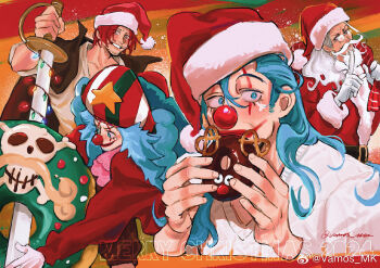 4boys beard blue_hair buggy_the_clown christmas christmas_lights clown_nose collarbone connected_beard donut facepaint facial_hair fingernails food gloves hair_between_eyes handlebar_mustache hat long_beard looking_at_viewer male_focus merry_christmas multiple_boys mustache one_piece oversized_food oversized_object pirate_hat red_hair santa_hat shanks_(one_piece) shirt signature silvers_rayleigh striped_hat vamos_mk white_beard white_gloves white_shirt