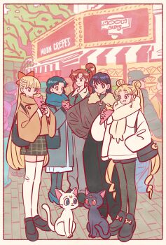 5girls 5others :3 :q aino_minako artemis_(sailor_moon) awning backpack bag bishoujo_senshi_sailor_moon black_bag black_cat black_eyes black_hair black_leggings black_pants black_shoes blonde_hair blue_bag blue_eyes blue_hair blue_hat blue_jacket blue_leggings blue_scarf blue_shirt blue_shoes blue_shorts blunt_bangs border bow brown_border brown_hair brown_jacket cat closed_mouth commentary crepe crescent_ornament crowd curtained_hair dot_mouth double_bun drawstring eating english_text food food_on_face food_stand footwear_bow fur-trimmed_jacket fur_trim glasses green_jacket green_shirt green_skirt grey_pants hair_bow hair_bun hand_in_pocket hand_on_own_hip hat high_heels high_ponytail highres hino_rei holding holding_crepe holding_food jacket kino_makoto leggings long_hair long_sleeves luna_(sailor_moon) mizuno_ami multiple_girls multiple_others open_mouth outdoors pants pantyhose pink_bow pink_hat plaid_clothes plaid_skirt ponytail puffy_long_sleeves puffy_sleeves purple_bag purple_hair red_bow red_eyes scarf shirt shoes shorts shoulder_bag sitting skirt sleeves_past_wrists smile split_mouth standing swept_bangs takeuchi_ryousuke thighhighs tongue tongue_out tree tsukino_usagi very_long_hair white_background white_cat white_jacket white_scarf white_shirt white_thighhighs wide_sleeves zettai_ryouiki zipper