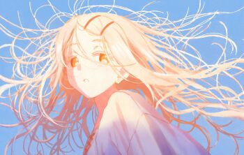 1girl :o absurdres blonde_hair blue_sky camisole colored_eyelashes floating_hair gakuen_idolmaster hair_ornament hairclip hashtag-only_commentary highres idolmaster light_blush long_hair looking_to_the_side narihayao open_clothes open_mouth open_robe orange_eyes parallel_hairclips parted_bangs robe shinosawa_hiro sidelighting sky solo upper_body white_camisole white_robe