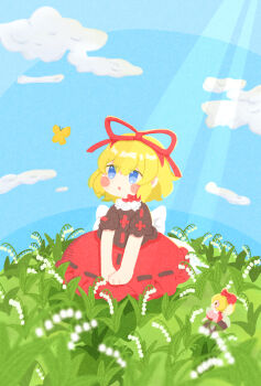 2girls :o back_bow bare_arms black_shirt blonde_hair blue_eyes blue_skirt blurry blurry_foreground blush_stickers bow bowtie bug butterfly cloud commentary depth_of_field fairy fairy_wings field flower flower_field hair_ribbon highres insect light_rays lily_of_the_valley looking_at_animal medicine_melancholy multiple_girls outdoors red_ribbon red_skirt ribbon shirt short_hair short_sleeves sitting skirt solid_oval_eyes su-san touhou white_bow white_bowtie white_flower wings yellow_butterfly yuzuno423