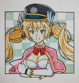 Rule 34 | 1girl, alternate color, blue eyes, breasts, buongo, capelet, chaos gerda (gakuen) (grimms notes), chaos gerda (grimms notes), cleavage, grimms notes, grimms notes gakuen, grin, pink capelet, smile, solo, teeth, traditional media, twintails, upper body