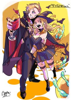 1boy 1girl :d baccano! bat_(animal) blonde_hair breasts brown_hair cleavage commission dress full_body halloween hat isaac_dian jack-o&#039;-lantern long_hair looking_at_viewer miria_harvent open_mouth pumpkin rolan-ce sideburns skeb_commission smile vampire_costume witch_hat yellow_eyes