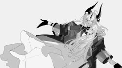 Rule 34 | 1girl, ahoge, arknights, bags under eyes, closed mouth, dress, dutch angle, flower, gloves, greyscale, hair flower, hair ornament, hair over shoulder, horns, jacket, kaifei (kaifei 29), long hair, looking at viewer, monochrome, multiple horns, off shoulder, outstretched arms, reed (arknights), reed the flame shadow (arknights), short sleeves, simple background, smile, solo, spread arms