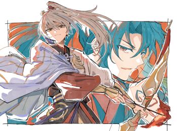 2boys archer_(fate/samurai_remnant) arm_guards arrow_(projectile) black_hanfu blonde_hair bow_(weapon) chinese_clothes chinese_hairpin curtained_hair fate/samurai_remnant fate_(series) flaming_arrow green_hair hair_ornament hanfu high_ponytail highres holding holding_arrow holding_bow_(weapon) holding_weapon low-tied_sidelocks multiple_boys orange_eyes ponytail red_hanfu red_robe robe sidelocks tassel tassel_hair_ornament toramaru_(696anna) weapon white_hanfu xiao_guan_(headdress) yellow_eyes zheng_chenggong_(fate)