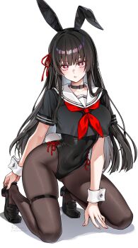 1girl adapted_costume adjusting_footwear animal_ear_hairband animal_ears black_choker black_hair black_leotard black_pantyhose black_shirt black_shoes blush breasts bright_pupils chisa_(wuthering_waves) choker collarbone commentary covered_navel crop_top crop_top_overhang cropped_shirt english_commentary fake_animal_ears fake_tail fingernails foxyreine full_body hair_ribbon hairband highleg highleg_leotard highres kneeling leotard loafers long_hair looking_at_viewer medium_breasts mole mole_under_eye neckerchief pantyhose parted_lips playboy_bunny rabbit_ear_hairband rabbit_ears rabbit_tail red_eyes red_neckerchief red_ribbon ribbon sailor_collar shirt shoes short_sleeves simple_background solo tail very_long_hair white_background white_pupils white_sailor_collar wrist_cuffs wuthering_waves