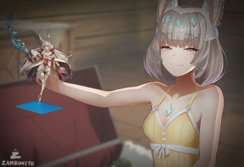 1girl :3 absurdres animal_ears blurry blurry_background cat_ears character_doll chest_jewel doll ear_covers facial_mark figure grey_hair highres holding holding_doll looking_at_viewer meme nia_(blade)_(xenoblade) nia_(fancy_sundress)_(xenoblade) nia_(xenoblade) parody solo sousou_no_frieren upper_body whisker_markings xenoblade_chronicles_(series) xenoblade_chronicles_2 xenoblade_chronicles_3 yellow_eyes you_can_just_give_this_kind_of_thing_to_men_and_they_will_be_thrilled_(meme) zambonito