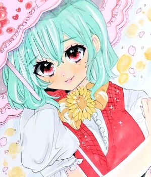 Rule 34 | 1girl, commentary request, cropped torso, green hair, kazami yuuka, looking at viewer, matsuppoi, medium hair, parasol, red eyes, red vest, shirt, short sleeves, solo, touhou, umbrella, vest, white shirt