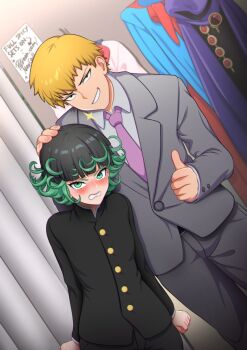 1boy 1girl black_hair black_jacket black_pants blonde_hair blush cape collared_shirt cosplay curtains english_text formal_clothes green_eyes green_hair grey_jacket grey_pants grin jacket kageyama_shigeo kageyama_shigeo_(cosplay) mob_psycho_100 necktie neocoill one-punch_man pants pink_necktie raven_(dc) reigen_arataka reigen_arataka_(cosplay) saitama_(one-punch_man) shirt short_hair smile superman tatsumaki teeth thumbs_up white_shirt