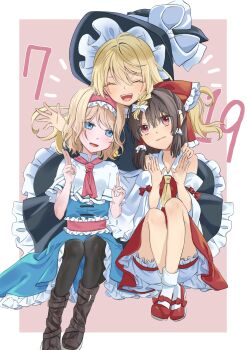 3girls absurdres alice_margatroid apron ascot black_hat black_pantyhose black_skirt black_vest blonde_hair bloomers blue_dress blue_eyes blush boots bow braid brown_boots brown_hair capelet closed_eyes commentary_request dated detached_sleeves dress facing_viewer finger_counting finger_counting_trio frilled_bow frilled_hair_tubes frilled_hairband frilled_skirt frills hair_bow hair_tubes hairband hakurei_reimu hat hat_bow highres kirisame_marisa lolita_hairband long_hair mary_janes multiple_girls open_mouth pantyhose pink_ascot pink_sash red_bow red_eyes red_shoes red_skirt sash shoes side_braid single_braid sitting skirt skirt_set smile socks touhou tsuno_no_hito underwear vest waist_apron waist_sash white_apron white_bloomers white_bow white_capelet white_socks witch_hat yellow_ascot