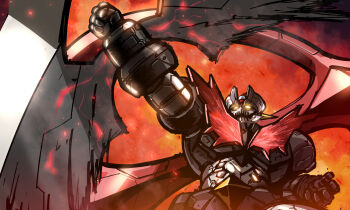 arm_blade arm_up clenched_hand fiery_background fire glowing glowing_eyes highres jazz_jack mazinger_(series) mazinger_zero_(mecha) mecha no_humans robot shin_mazinger_zero super_robot weapon