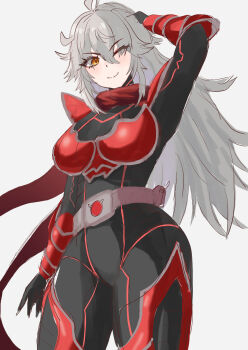1girl absurdres armor black_bodysuit bodysuit breasts cleavage closed_mouth commentary english_commentary grey_hair highres indie_virtual_youtuber large_breasts long_hair looking_at_viewer meibin one_eye_closed red_armor red_scarf scarf solo virtual_youtuber white_background yellow_eyes zentreya zentreya_(cyborg) zentreya_(cyborg)_(zenrider)