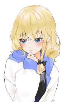 1girl alternate_costume artist_name black_bow blonde_hair blue_eyes blush bow braid closed_mouth commentary_request contemporary english_text hair_bow highres hood hoodie kirisame_marisa long_hair long_sleeves minatsuki_yurara no_headwear side_braid simple_background single_braid solo touhou white_background white_hoodie