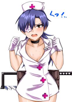 Rule 34 | 1girl, absurdres, black choker, blue hair, blush, breasts, brown eyes, choker, cleavage, collarbone, commentary request, cosplay, cowboy shot, eyepatch, gloves, hacksaw, hands up, hat, highres, idolmaster, idolmaster (classic), kisaragi chihaya, koubashiifuna, long hair, nurse, nurse cap, open mouth, ponytail, saw, simple background, skullgirls, small breasts, solo, standing, sweat, v-shaped eyebrows, valentine (skullgirls), valentine (skullgirls) (cosplay), white background, white gloves