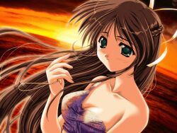 Rule 34 | 1girl, bikini, bow, breasts, brown hair, cleavage, cloud, game cg, glint, green eyes, hair bow, hinomori azusa, holding, holding jewelry, holding necklace, jewelry, large breasts, long hair, mitsumi misato, necklace, ocean, pia carrot (series), pia carrot e youkoso!! 2, purple bikini, solo, sunset, swimsuit