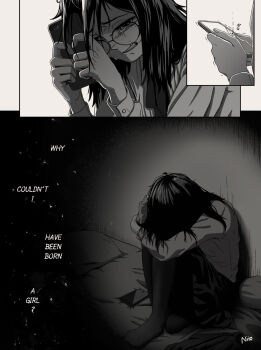 1boy artist_name artist_self-insert buttoned_cuffs buttons cellphone clenched_teeth comic commentary crossdressing crossdressing_(mtf) crying crying_with_eyes_open depressed english_text feminine gender_dysphoria glasses greyscale highres holding holding_phone hugging_own_legs knees_up long_sleeves medium_hair monochrome niio_(niiochi) niio_(niiochi)_(person) on_bed original phone shirt signature sitting smartphone straight_hair symbol-only_commentary tears teeth