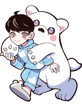 1boy animal_ear_footwear animal_print anime_coloring aqua_hood aqua_pajamas aqua_pants aqua_sleeves bear bear_print black_hair blush_stickers brown_eyes claws closed_mouth crazy_raccoon eyes_over_blush frown full_body grey_claws grey_slippers hood hood_down hooded_pajamas lip_(crazy_racoon) long_sleeves looking_at_viewer male_focus official_art pajamas pants pastel_colors pink_eyes polar_bear print_pajamas print_pants print_sleeves puppeteer7777 purple_eyes second-party_source slippers smile tachi-e thick_lineart transparent_background white_fur white_tail