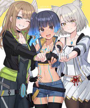3girls animal_ear_fluff animal_ears asymmetrical_bangs black_bodysuit black_jacket blue_eyes blue_hair blue_shorts blush body_markings bodysuit breasts brown_hair cat_ears cat_girl cleavage closed_mouth collarbone commentary_request crop_top dark-skinned_female dark_skin eunie_(xenoblade) fiery_hair glowing_lines glowing_markings grey_eyes head_wings highres index_finger_raised jacket long_hair looking_at_viewer mio_(xenoblade) multiple_girls navel one_eye_closed open_clothes open_jacket pantyhose parted_bangs pleated_skirt sena_(xenoblade) shinae shirt short_shorts shorts side_ponytail simple_background skirt sleeveless sleeveless_shirt smile standing white_jacket white_shirt white_skirt wings xenoblade_chronicles_(series) xenoblade_chronicles_3 yellow_background yellow_eyes