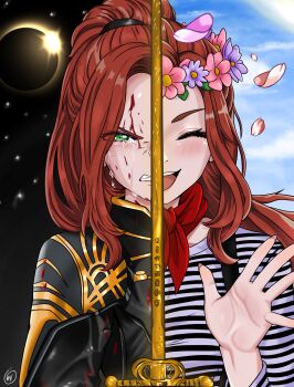 1girl clair_obscur:_expedition_33 floral_dissolve freckles french_clothes green_eyes highres holding holding_sword holding_weapon looking_at_viewer maelle_(clair_obscur:_expedition_33) open_mouth rapier red_hair red_petals scar scar_on_face scar_on_nose smile split_screen split_theme sword sword_in_front_of_face waifuviolenta weapon white_petals