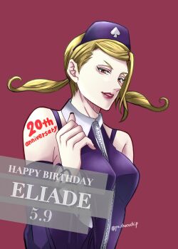 Rule 34 | 1girl, anniversary, armpit peek, armpits, artist name, asymmetrical hair, bare shoulders, birthday, black nails, blonde hair, breasts, collar, collared dress, d.gray-man, detached sleeves, dress, eliade, english text, front zipper, hair ornament, hairpin, hand up, happy anniversary, happy birthday, headdress, highres, light smile, lips, long hair, looking at viewer, low twintails, mature female, medium breasts, parted lips, pink background, purple dress, purple headdress, purple sleeves, purple straps, red eyes, red lips, sidelocks, signature, simple background, single sidelock, sleeveless, sleeveless dress, smile, solo, twintails, twitter username, upper body, white collar, yu chocochip, zipper