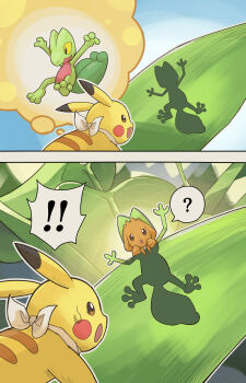 Rule 34 | !, !!, ?, absurdres, animal focus, brown fur, colored sclera, commentary request, eevee, gen 1 pokemon, gen 3 pokemon, highres, leaf, looking at another, nintendo, no humans, open mouth, pikachu, pokemon, pokemon (creature), pokemon focus, smile, speech bubble, spoken exclamation mark, spoken question mark, sweatdrop, thought bubble, treecko, yamaori (hakkentai pokedan), yellow sclera