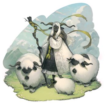 1girl 9twoeight absurdres animal animal_ears bell black_dress black_skin boots brown_cloak brown_horns cloak cloud coat colored_skin commentary cowbell diorama dress floating_hair flower frilled_dress frills grass green_boots green_eyes hand_up highres holding holding_staff horizontal_pupils horns jewelry long_hair looking_at_viewer middle_part mountain necklace original parted_lips patterned_clothing pendant sheep sheep_ears sheep_girl shepherd sky solo staff white_background white_coat white_hair wide_sleeves
