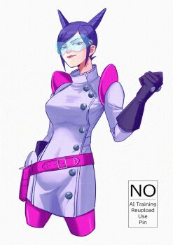 1girl ace_attorney aura_blackquill black_gloves clenched_hands closed_mouth coat gloves goggles hair_horns highres lab_coat long_sleeves looking_at_viewer mole mole_on_neck phoenix_wright:_ace_attorney_-_dual_destinies purple_hair rat_nkmi short_hair smile solo white_background white_coat