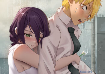 1boy 1girl absurdres black_necktie blonde_hair blush chainsaw_man closed_mouth collared_shirt denji_(chainsaw_man) flower green_eyes hair_between_eyes highres holding holding_flower hug hug_from_behind necktie open_mouth orange_eyes purple_hair reze_(chainsaw_man) sengnam1997 sharp_teeth shirt short_hair sleeveless sleeveless_shirt sweat teeth white_flower white_shirt