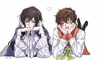 ascot black_hair blush_stickers brown_hair code_geass crossdressing crossdressing_(mtf) dress frilled_sleeves frills full_body gloves green_eyes green_necktie hair_between_eyes hairband head_on_hands headdress highres looking_at_another lying necktie on_stomach one_eye_closed open_mouth parted_lips pink_hairband pink_sailor_collar pink_skirt pleated_skirt purple_dress purple_eyes sailor_collar school_uniform shirt short_hair skirt smile twitter_username white_ascot white_background white_gloves white_shirt yorusl