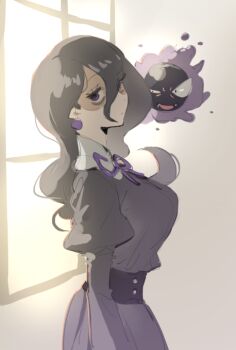 1girl bags_under_eyes belt black_belt black_dress black_hair breasts closed_mouth dress earrings from_side gastly gen_1_pokemon hair_between_eyes hex_maniac_(pokemon) hex_maniac_(pokemon_legends:_z-a) indoors jewelry juliet_sleeves large_breasts long_hair long_sleeves looking_at_viewer nintendo pokemon pokemon_(creature) pokemon_legends:_z-a puffy_sleeves purple_eyes raine_(acke2445) shaded_face solo standing window