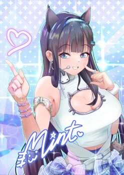 1girl absurdres animal_ears asymmetrical_bangs bare_shoulders bead_bracelet beads black_hair blue_eyes blue_hairband blush bow bracelet breasts character_name cleavage_cutout clothing_cutout commentary cowboy_shot earrings fish_hair_ornament goddess_of_victory:_nikke grin hair_ornament hair_over_shoulder hairband headset heart highres jewelry large_breasts lawliet_liaw lens_flare long_hair looking_at_viewer mint_(nikke) mole mole_under_eye multiple_bracelets plaid_clothes ring simple_background smile solo sparkle very_long_hair