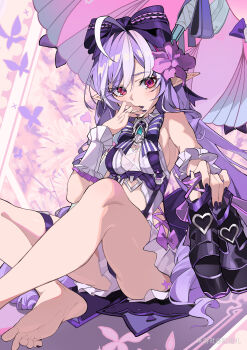 1girl absurdres ahoge animal_print bare_shoulders barefoot black_nails blue_gemstone blush bow bowtie butterfly_print clothing_cutout commentary_request covering_own_mouth drill_hair feet_out_of_frame flower frilled_one-piece_swimsuit frilled_wrist_cuffs frills gem hair_bow hair_flower hair_ornament heart heart_cutout highres holding holding_unworn_clothes jizaier long_hair looking_at_viewer mole mole_under_eye multicolored_umbrella nail_polish official_alternate_costume one-piece_swimsuit pink_background pink_umbrella pointy_ears purple_bow purple_bowtie purple_carpet purple_flower purple_hair purple_nails red_eyes see-through_clothes shoes sideboob_cutout sitting stomach_cutout swimsuit toenail_polish toenails two-tone_one-piece_swimsuit umbrella unworn_shoes vivian_banshee vivian_banshee_(iris_of_the_shore) white_one-piece_swimsuit wrist_cuffs zenless_zone_zero