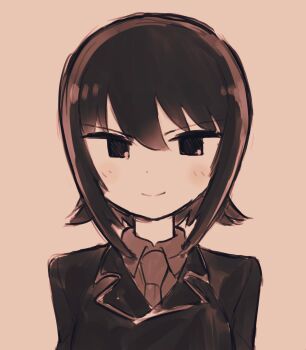 Rule 34 | 1girl, black eyes, blush, brown hair, collared shirt, eisu (eith), girls und panzer, hair between eyes, highres, kuromorimine military uniform, kuromorimine school uniform, military uniform, monochrome, necktie, nishizumi maho, school uniform, shirt, short hair, sidelocks, simple background, sketch, smile, tsurime, upper body, white background