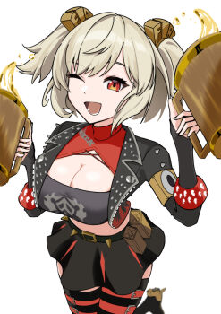 Rule 34 | 1girl, ;d, absurdres, belt, black belt, black boots, black jacket, black skirt, blonde hair, boots, breasts, burnice white, cleavage, commentary, cup, drinking glass, flame print, highres, holding, holding cup, jacket, large breasts, mabo (mabo art), midriff, one eye closed, open mouth, red eyes, simple background, skirt, smile, solo, spiked belt, tankard, thigh belt, thigh boots, thigh strap, twintails, white background, zenless zone zero