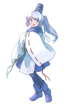 1girl :d asymmetrical_sleeves black_pantyhose blue_boots blue_hat blue_skirt blush boots commentary_request full_body green_ribbon grey_eyes grey_hair hat long_hair mononobe_no_futo one-hour_drawing_challenge open_mouth pantyhose ponytail rangycrow red_ribbon ribbon ribbon-trimmed_sleeves ribbon_trim robe sideways_glance simple_background skirt smile solo tate_eboshi touhou white_background white_ribbon white_robe