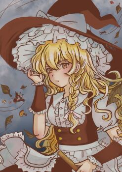 2girls adjusting_clothes adjusting_headwear apron back_bow bird_wings black_hair black_hat black_shoes black_skirt black_vest black_wings black_wrist_cuffs blonde_hair bow braid broom buttons closed_mouth cloud cloudy_sky collared_shirt commentary frilled_apron frilled_hat frilled_shirt frilled_wrist_cuffs frills hair_ribbon hat hat_bow highres holding holding_broom kirisame_marisa leaf long_hair looking_at_viewer multiple_girls red_hat rgley ribbon shameimaru_aya shirt shoes short_hair short_sleeves single_braid skirt sky socks solo_focus tokin_hat touhou very_long_hair vest waist_apron white_apron white_bow white_ribbon white_shirt white_socks wind wings witch witch_hat wrist_cuffs yellow_eyes