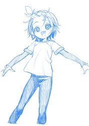 Rule 34 | 1girl, blue theme, braid, braided bangs, highres, looking at viewer, medalist (manga), monochrome, open mouth, outstretched arms, shirt, short hair, simple background, sketch, smile, solo, spread arms, t-shirt, ukokkei, yuitsuka inori