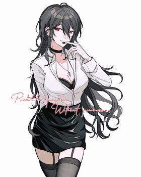 Rule 34 | 1girl, amezawa (amzw9), black bra, black choker, black garter straps, black nails, black skirt, black thighhighs, bra, breasts, choker, cleavage, collared shirt, commentary, commission, cowboy shot, cross, cross necklace, earrings, ensemble stars!, fang, garter straps, genderswap, genderswap (mtf), hair between eyes, hand up, highres, jewelry, lace, lace-trimmed bra, lace trim, large breasts, long hair, looking at viewer, necklace, open clothes, open shirt, red eyes, sakuma rei (ensemble stars!), shirt, shirt tucked in, sidelocks, simple background, skin fang, skirt, solo, stud earrings, thighhighs, underwear, wavy hair, white background, white shirt