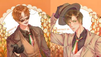 2boys ahoge axis_powers_hetalia brothers brown_eyes brown_hair collared_shirt flower formal_clothes gloves green_eyes hat highres holding holding_unworn_clothes holding_unworn_hat jacket long_sleeves looking_at_viewer male_focus multiple_boys necktie northern_italy_(hetalia) one_eye_closed open_mouth sheepgooo shirt short_hair siblings smile southern_italy_(hetalia) split_screen suit unworn_hat unworn_headwear upper_body