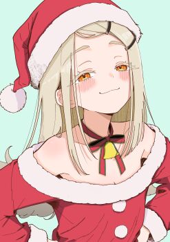 1girl absurdres bell blonde_hair blush breasts christmas cleavage colored_eyelashes commentary_request flipped_hair fur-trimmed_headwear fur-trimmed_shirt fur_trim furutami_akira gakuen_idolmaster green_background hair_ornament hairclip half-closed_eyes hands_on_own_hips hat highres idolmaster looking_at_viewer neck_bell neck_ribbon off-shoulder_shirt off_shoulder orange_eyes parallel_hairclips red_hat red_ribbon red_shirt ribbon santa_costume santa_hat shinosawa_hiro shirt simple_background small_breasts smile solo swept_bangs upper_body