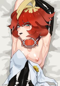 Rule 34 | 1girl, ahoge, armpit focus, armpits, arms up, black gloves, black lips, breasts, closed mouth, collar, colored eyelashes, commentary request, crying, elbow gloves, eyelashes, freckles, geppo usamaru, gloves, green eyes, highres, lipstick, looking at viewer, lying, makeup, mela (pokemon), multicolored hair, nintendo, nipples, on back, one breast out, pokemon, pokemon sv, red hair, runny makeup, single glove, solo, tears, two-tone hair, upper body, vest, white vest