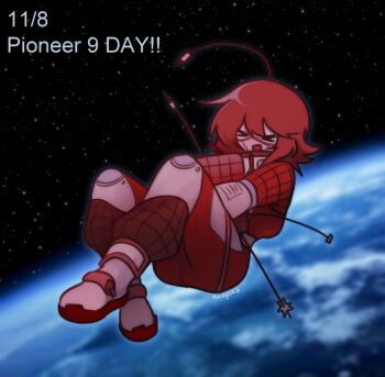 >_< 17776 1other :d antennae assault_visor axopies birthday boots dated earth_(planet) english_text facial_mark floating fluffy_hair full_body grid_print hair_between_eyes high_collar holding humanization jacket knee_guards medium_hair open_mouth other_focus pants pioneer_9_(17776) planet red_hair red_jacket red_pants red_trim smile solo space spacesuit star_(sky) white_boots