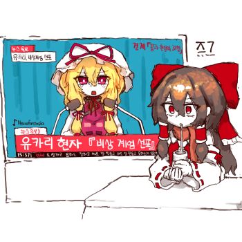 Rule 34 | 2024 south korea martial law crisis, 2girls, blonde hair, bow, brown hair, commentary, cup, detached sleeves, dress, hair bow, hair ribbon, hair tubes, hakurei reimu, hat, hat ribbon, highres, holding, holding cup, korean commentary, korean text, long hair, microphone, mob cap, multiple girls, partially translated, purple tabard, rampa93, red bow, red eyes, red ribbon, red scarf, ribbon, ribbon-trimmed sleeves, ribbon trim, scarf, tabard, touhou, translation request, white dress, white hat, yakumo yukari, yunomi