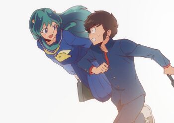 1boy 1girl bag blue_eyes blue_gakuran blue_pants blue_sailor_collar blue_serafuku blue_shirt blue_skirt breasts brown_hair clenched_hand clenched_teeth fang floating gold_buttons green_hair holding holding_bag horns looking_at_another lum male_focus medium_breasts moroboshi_ataru neckerchief open_mouth pants pointy_ears qrhara555 red_shirt running sailor_collar school_uniform serafuku shirt shoes short_hair sidelocks skirt smile sneakers sweatdrop swept_bangs teeth urusei_yatsura white_background white_shoes wide-eyed yellow_neckerchief