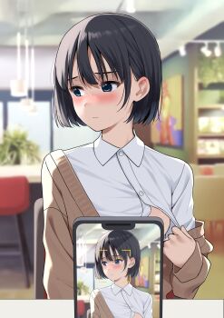 Rule 34 | 1girl, averting eyes, black hair, blue eyes, blush, bob cut, breasts, cellphone, chair, clothes pull, convenient censoring, embarrassed, eyebrows hidden by hair, flashing, frown, hair behind ear, highres, long sleeves, medium breasts, nagio (kiona), on chair, one breast out, oppai challenge, original, phone, pov across table, restaurant, shirt, shirt pull, short hair, sitting, smartphone, table, taking picture, white shirt