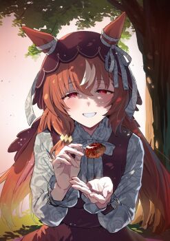 1girl animal_ears blush breasts brown_hair casual collarbone commentary_request food grass horse_ears horse_tail incoming_food long_hair open_mouth pov sky solo starheart still_in_love_(casual)_(umamusume) still_in_love_(umamusume) tail tree umamusume veil